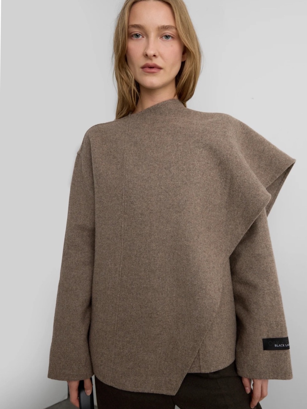 OAK + FORT Asymmetric Brown Wool-Blend Crew Neck Jacket Relaxed Fit.